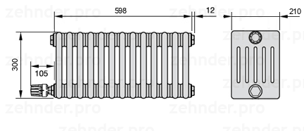 Схема (чертеж) Радиатор Zehnder Charleston 6030/13 №V003 Белый глянцевый RAL 9016